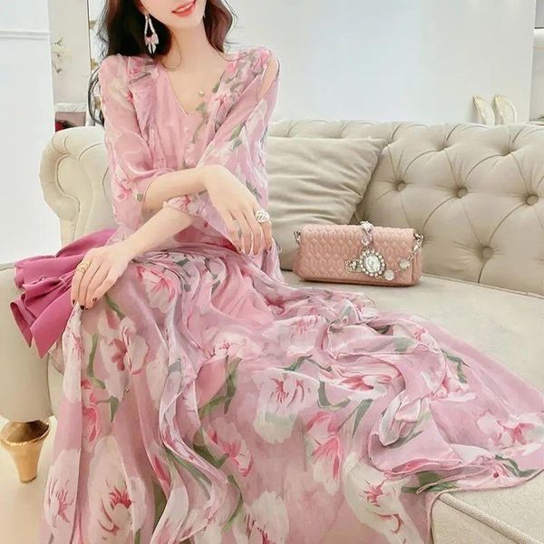 

dresses ladies temperament chiffon flower dress 2023 spring and summer new female printed vneck threequarter sleeve dress women, Black;gray