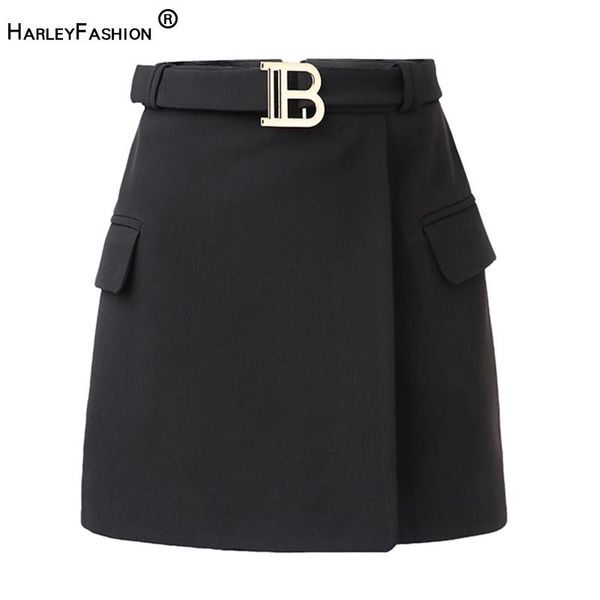 

dresses price quality casual style high waist slim short black white women belt skirt zipper saia, Black;gray
