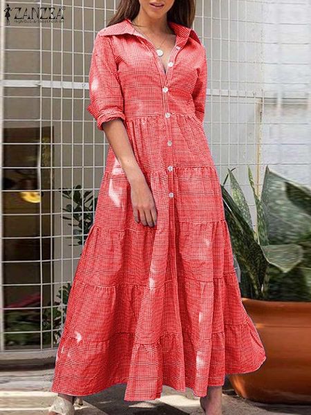 

dresses zanzea checked women's dresses dress half sleeve plaid grid printed sundress female vintage elegant robe casual holiday vestido, Black;gray