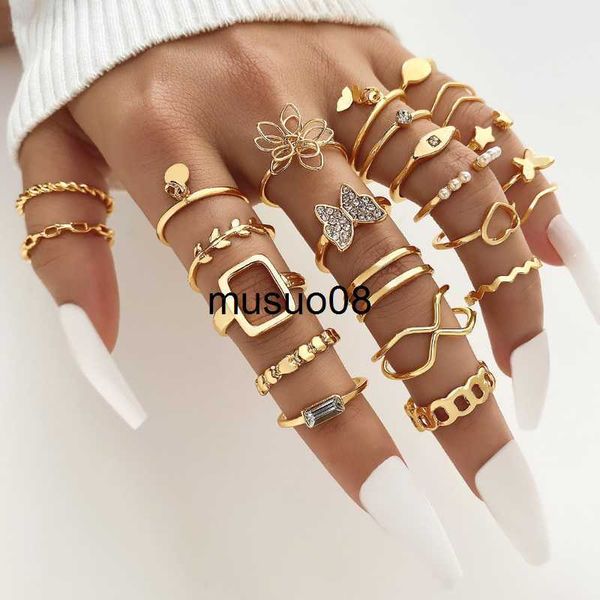 

band rings 22pcs/set vintage zircon butterfly heart knuckle rings set for women men hollow flower leaf chain geometric rings trendy jewelry, Silver