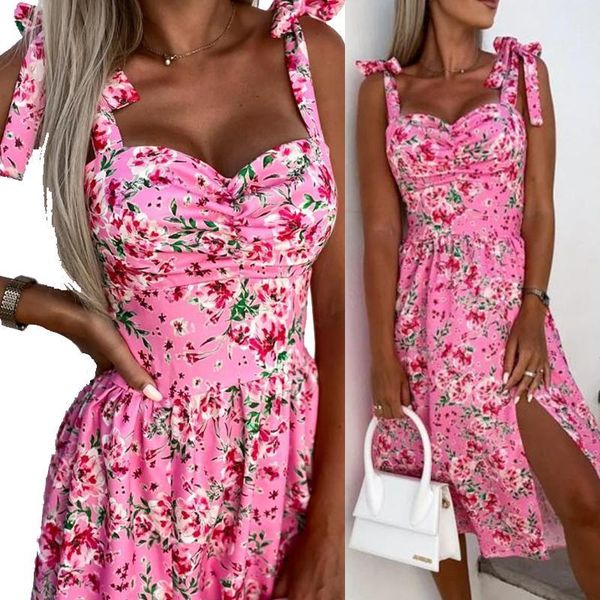 

dresses women summer spaghetti strap dress floral print sleeveless sling dress boho slash neck slit beach party dress sundress robe, Black;gray