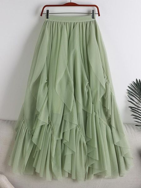

dresses tigena green ruffles tulle long skirt women spring autumn aesthetic fashionable solid irregular hem high waist maxi skirt female, Black;gray