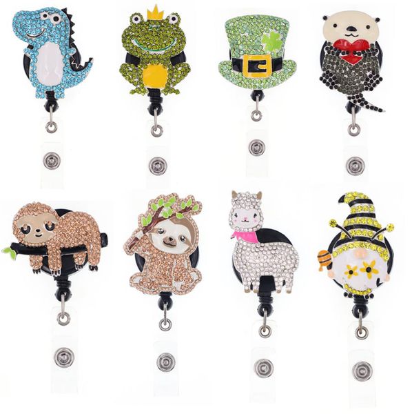 

10 pcslot fashion key rings custom cute dinosaurs frogs sloths animal rhinestone retractable medical badge holder yoyo pull reel 8107638, Slivery;golden