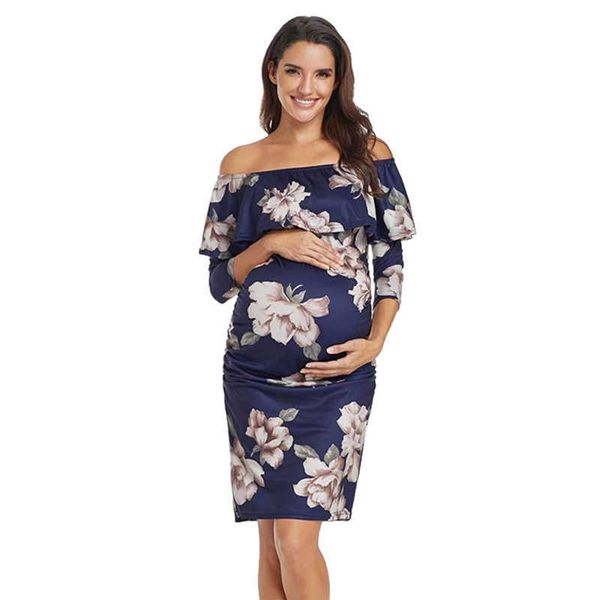 

maternity dresses cotton care pregnant women flower dress shoulder pregnant women dress ruffled strapless women's body dress summer pre, White