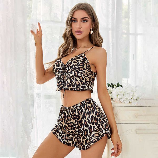 

pyjamas ice silk pajamas feminine leopard print suspender shorts split body pajamas breathable women's simulated silk home clothing j23, Red;black