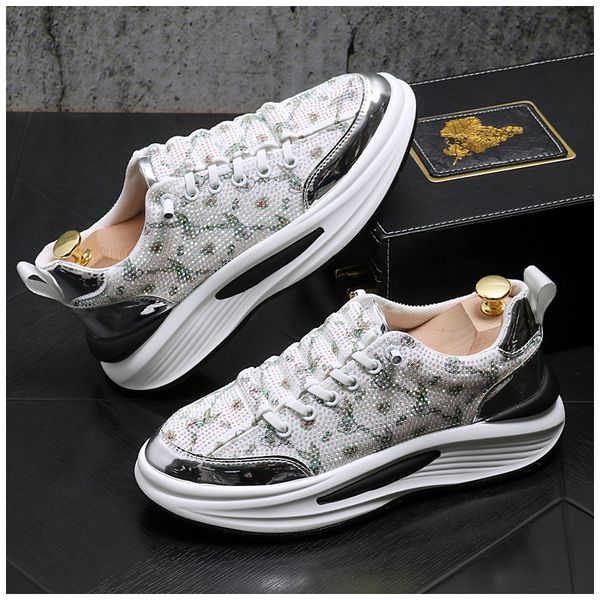 

luxury rhinestone sneakers men platform casual shoes round toe lace-up walking shoes men solid color crystal designer sneakers, Black