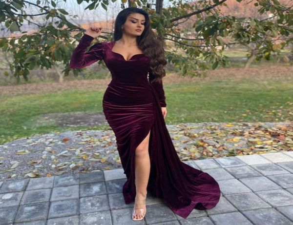 

burgundy mermaid velvet evening dresses sweetheart neck long sleeves prom gowns side split sweep train formal dress2225907, Black;red