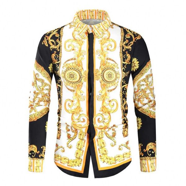 

men famous brand casual slim fit long sleeve men's court style printed shirt large size loose lapel men's longsleeved shirt jiz, White;black