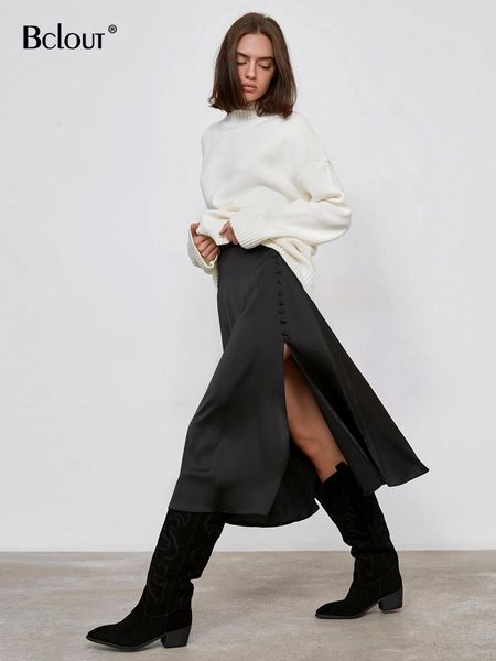 

dresses bclout elegant black satin skirts women 2023 winter high waist office lady long skirts fashion button aline slit skirt y2k, Black;gray
