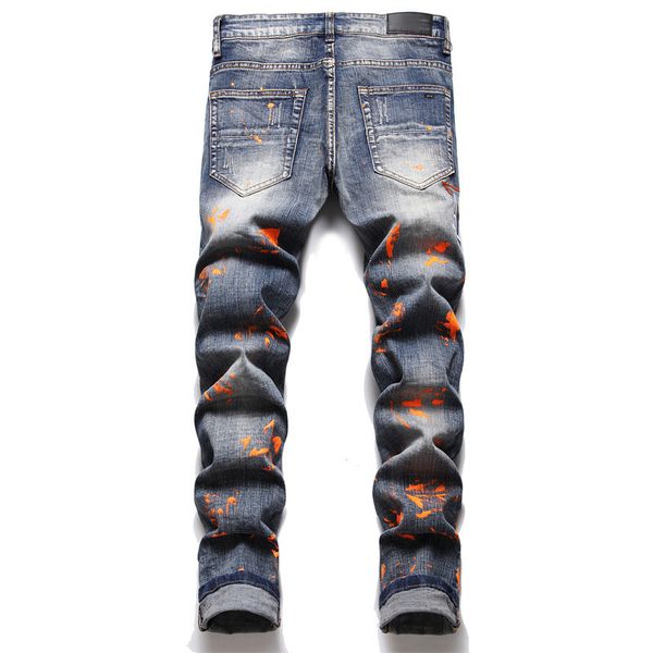 

men's paint graffiti jeans european american new five-pointed embroidery stretch slim trousers midwaist autumn blue casual pants