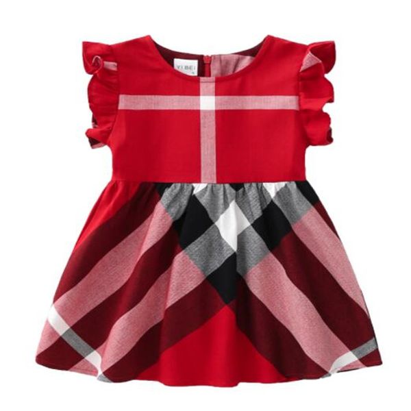 

new style kids girls dresses summer flying sleeve baby girl dress cotton plaid princess skirts children clothing, Red;yellow