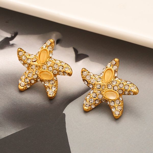 

new style designer brand v letter stud earrings high-end women 18k gold plated stainless steel earring inlaid crystal geometry starfish ear, Golden;silver