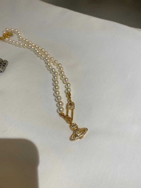 

western empress dowager saturn pearl necklace pin neckchain women's 2023 new light luxury small market mouse goods two days delivery, Silver