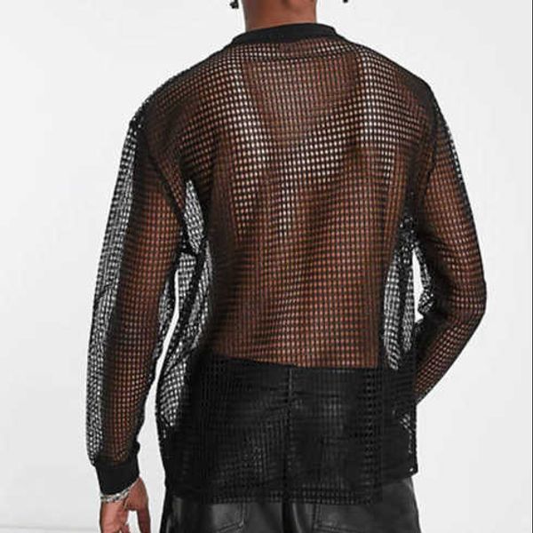 

men's mesh sxl long sleeve drop shoulder perspective tshirt nightclub dress mesh hollow bottom shirt wgm, White;black