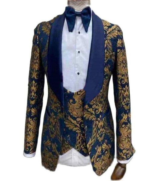 

szmanlizi 3 pieces men suits wedding groom shawl lapel navy blue printed gold jacquard tuxedos slim prom dress suit men blazer8905633, Black;gray