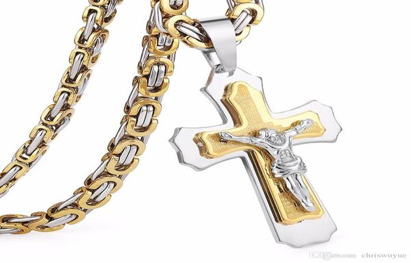 

multilayer cross christ jesus pendant necklace stainless steel link byzantine chain heavy men jewelry gift2739594, Silver