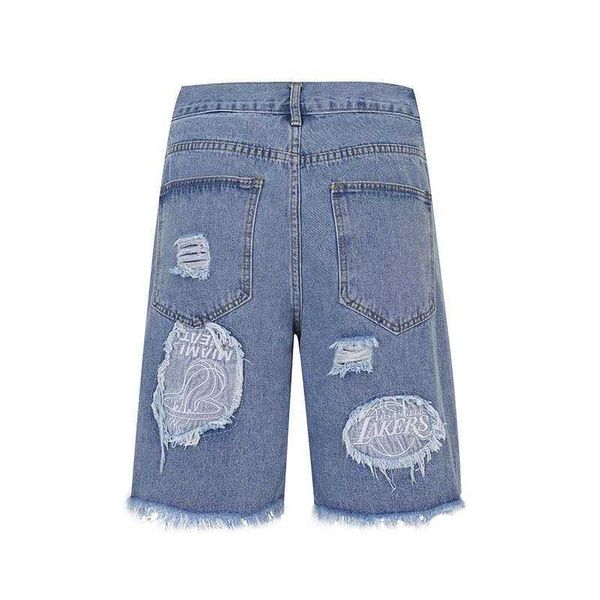 

street letter sticker embroidered denim shorts men's trendy loose ragged cut casual, Blue