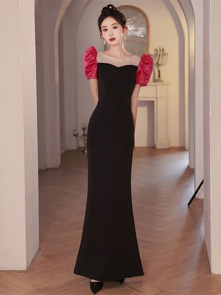 

mermaid black women celebrity dress elegant illusion o-neck zipper retro puff sleeve rose red long robe femme party cocktail evening gown