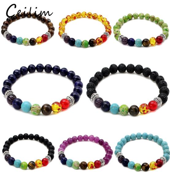 

2018 new 7 chakra black lava men bracelets healing balance beads bracelet for women reiki prayer natural stone fashion yoga stretc3447559