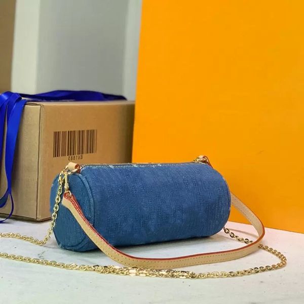 

2023 denim barrel bag crossbody bags blue jeans cute handbag classic letter old flower printed two removable shoulder strap zip wallets ship, Black;red