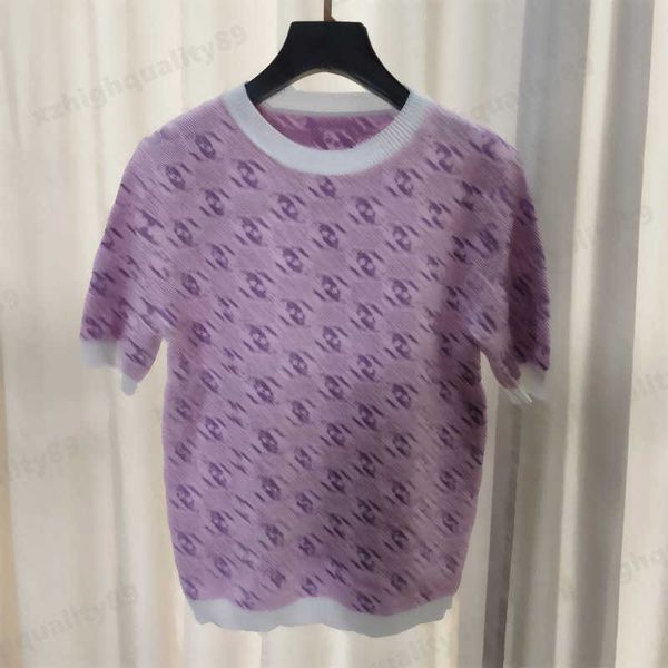 

jacquard fabrics knitting designer tshirts purple splicing hollowed out design embroidery knitwear tees luxury women crew neck stretch sweat, White