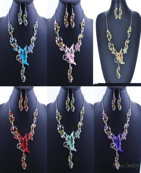 

6 colors women butterfly flower rhinestone pendant statement necklace earrings jewelry set fashion jewelry bridal wedding dress je7543759, White