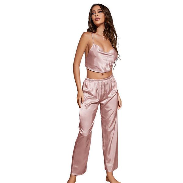 

pyjamas women's two piece spaghetti strap and long pants coverup set design thin ice silk pajamas j230601, Red;black