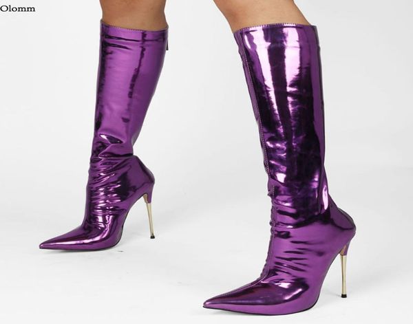 

rontic women winter shiny knee high boots metal stiletto heel pointed toe gorgeous gold purple party shoes women us size 5138404744, Black