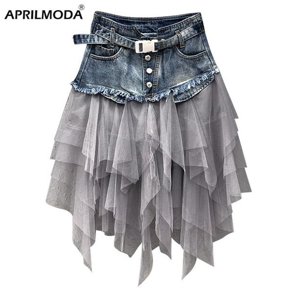 

dresses summer mini tutu tulle skirt gothic punk women high waist irregular denim skirts club party mesh patchwork short jeans jurken, White;black