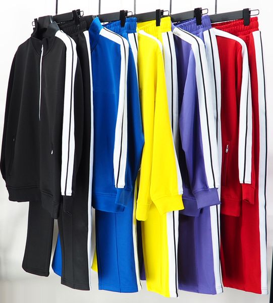 

23ss europe autumn winter satin zipper hoodie men vintage styles band pants trousers plus size patchwork high street tracksuit set split, Black;brown