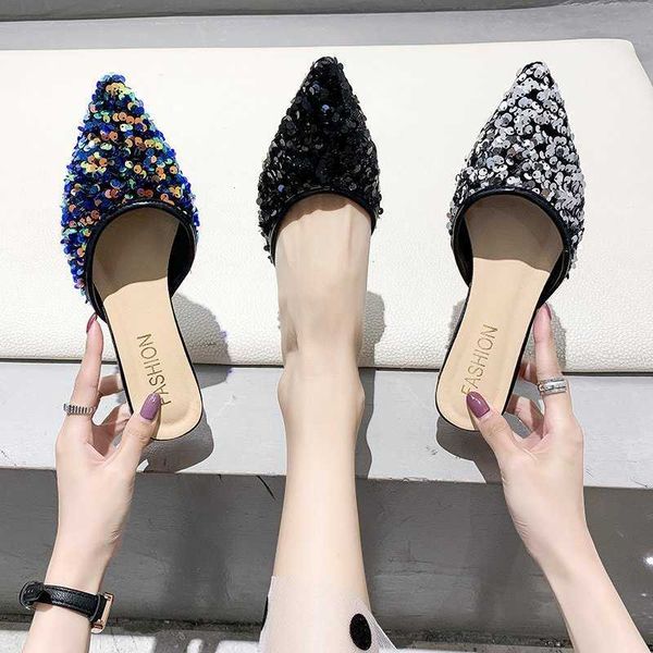 

sandals fashion sequin pointed toe slides 3 cm square low heels students half slippers summer casual beach women sandals outdoor mules 23041, Black