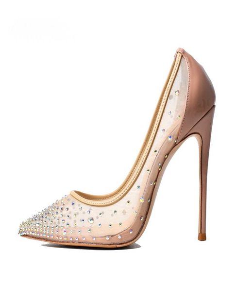 

good quality women shoes crystals nude wedding shoe mesh pointy toe party stiletto high heels large size pumps ladies dress s1232301, Black