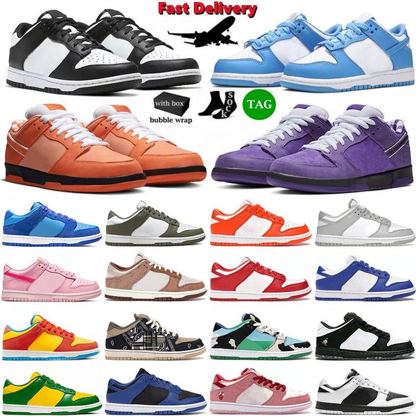 

box with designer low running shoes men women unc panda black white grey fog skateboard medium olive sail triple pink syracuse chicago mens