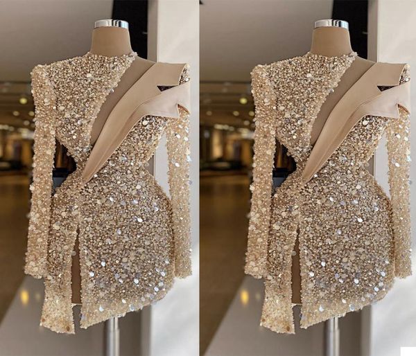 

champagne evening dresses luxury sequins beads high neck long sleeves prom dress formal party gowns custom made knee length robe d2187527, Black;red