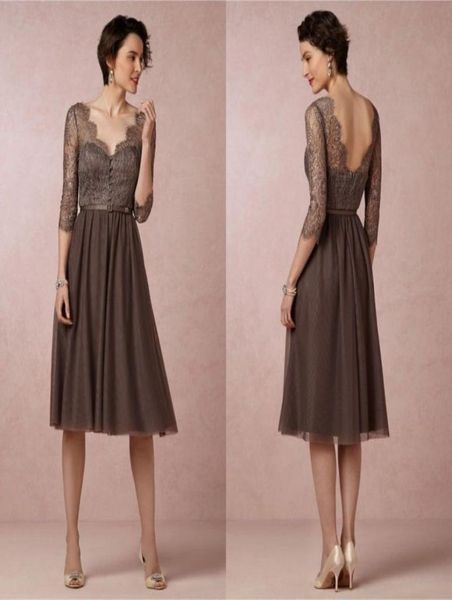 

sheer v neck evening gowns lace dark brown plus size tea length mother of the bride dresses with 3 4 long sleeve dl2605546954, Black;red