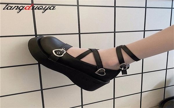 

lolita shoes platform emo on heels women loli thick heel cross bandage kawaii cosplay mary janes gothic 2206236990725, Black