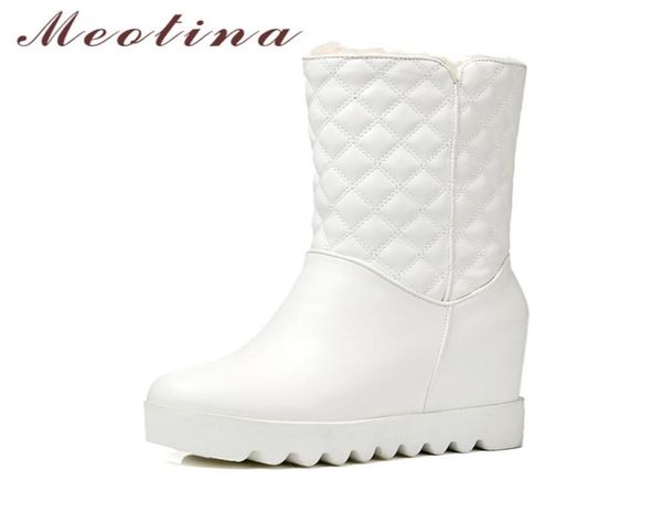 

meotina winter women fur snow boots shoes platform wedge heel boots plush warm mid calf boots plaid high heel footwear wh8905833, Black