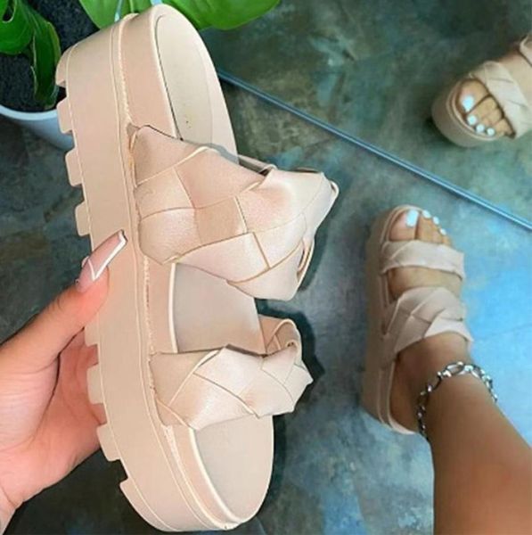 

summer women slippers thick platform flat shoes ladies soild weaving beach slides for girls plus size round toe shoes women2145183, Black