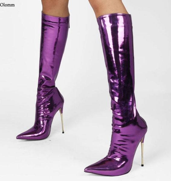 

rontic women winter shiny knee high boots metal stiletto heel pointed toe gorgeous gold purple party shoes women us size 5131746591, Black