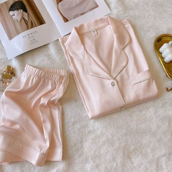 

pyjamas 2022 summer new ladies sweet satin silk solid color pajamas set short sleeve+pants women ice silk cute homewear casual wear j230601, Red;black