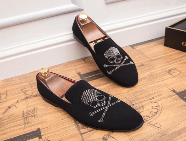 

new luxury fashion rhinestone pirate skull slip on shoes men casual loafers business formal dress footwear zapatos hombre2170663, Black
