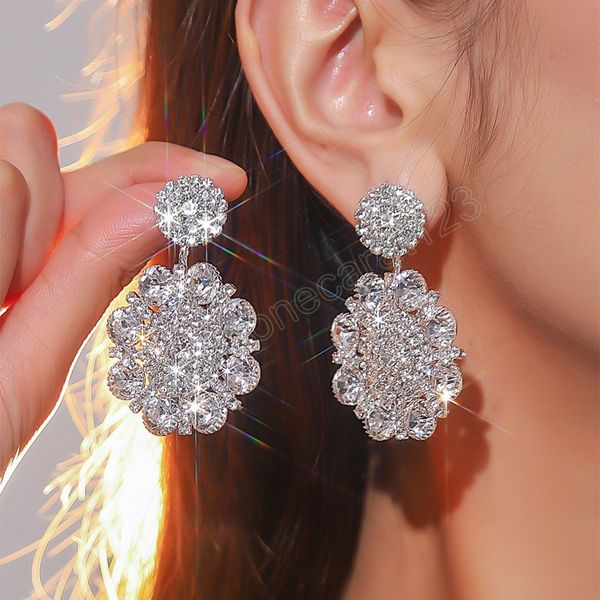 

summer fashion metal rhinestone geometry dangle earrings bridal wedding shiny jewelry women's charm accessories gift, Silver