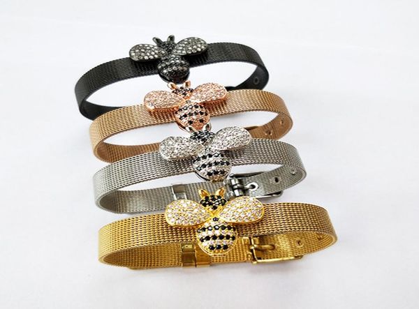 

4pcs new fashion bee inspired jewelry banglebumble bee bead watch beltcz micro pave insect charm bead bracelet bg2406580888, Black