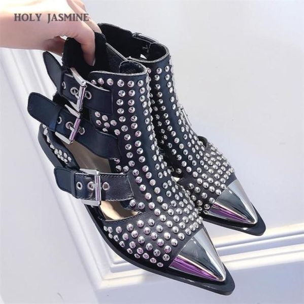 

2020 new metal studded rivets short boots sandal woman pointy toe buckle straps martin boots cut out fashion cool shoes woman y2007942134, Black