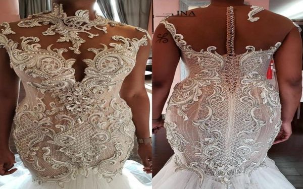 

2020 exquisite heavy handwork mermaid wedding dresses beaded crystal high neck bridal gowns vestidos de novia plus size covered bu8525485, White