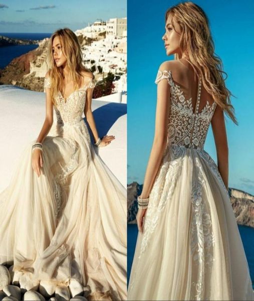 

vintage lace beach boho wedding dress 2020 champagne vestido de noiva see through tulle short sleeve wedding gowns2781459, White