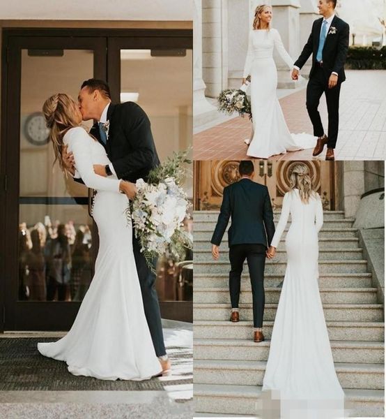 

2020 simple mermaid wedding dresses long sleeves chiffon satin sweep train covered buttons back country wedding gown vestido de no3594511, White