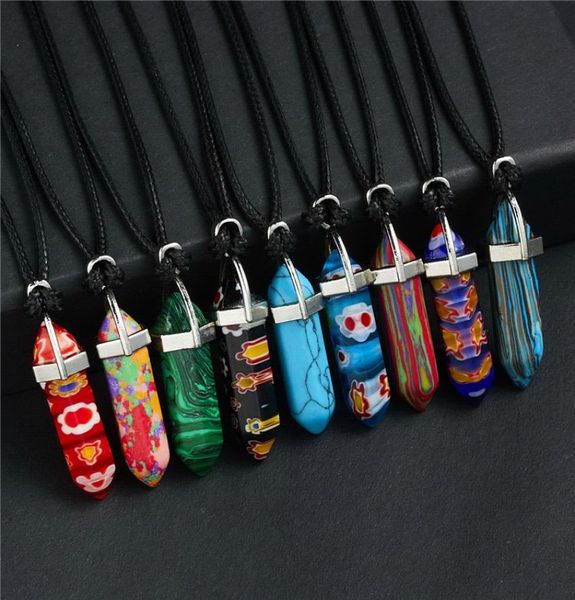 

natural stone pendant necklaces quartz crystal mix stone turquoise malachite hexagonal column leather chain necklace jewelry9861421, Silver