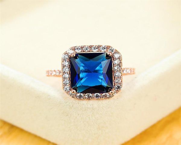 

wedding rings vintage female blue crystal stone ring luxury rose gold color for women promise love square engagement ring14008326, Slivery;golden