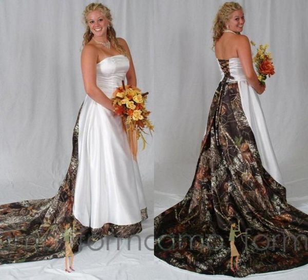 

vintage plus size camo wedding dresses bridal gowns strapless laceup back sweep train a line custom made satin wedding dress brau7145931, White